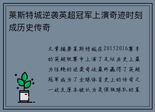 莱斯特城逆袭英超冠军上演奇迹时刻成历史传奇 莱斯特城逆袭英超冠军上演奇迹时刻成历史传奇